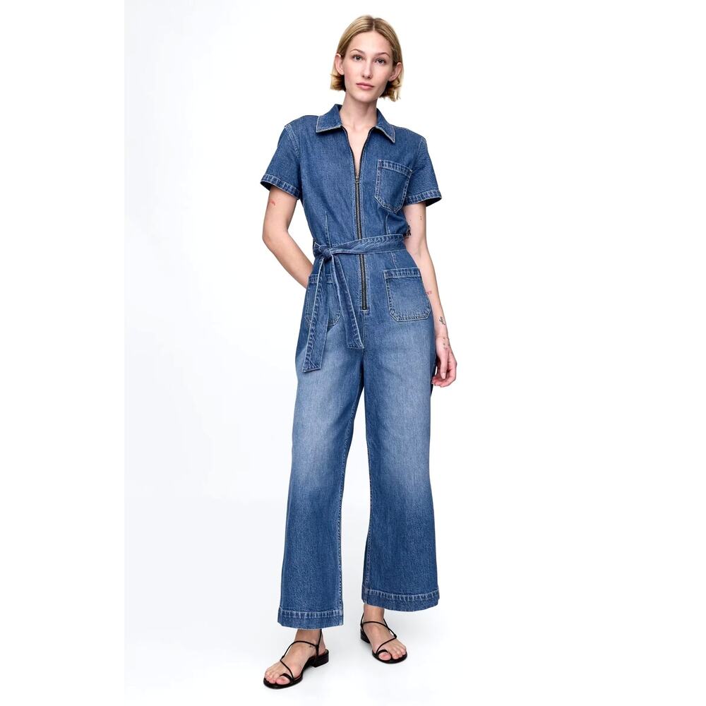 GAP Wide Leg $148 Belted Denim Jumpsuit 8 Tall Coveralls Stretch Cotton Cargo